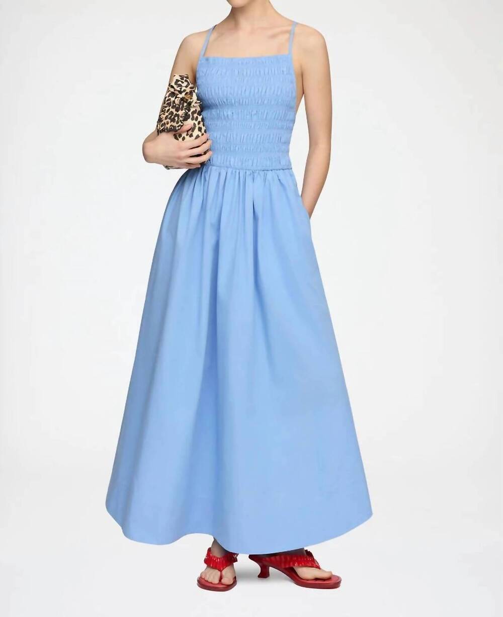 NEW GANNI compact poplin long smocked dress in azurine